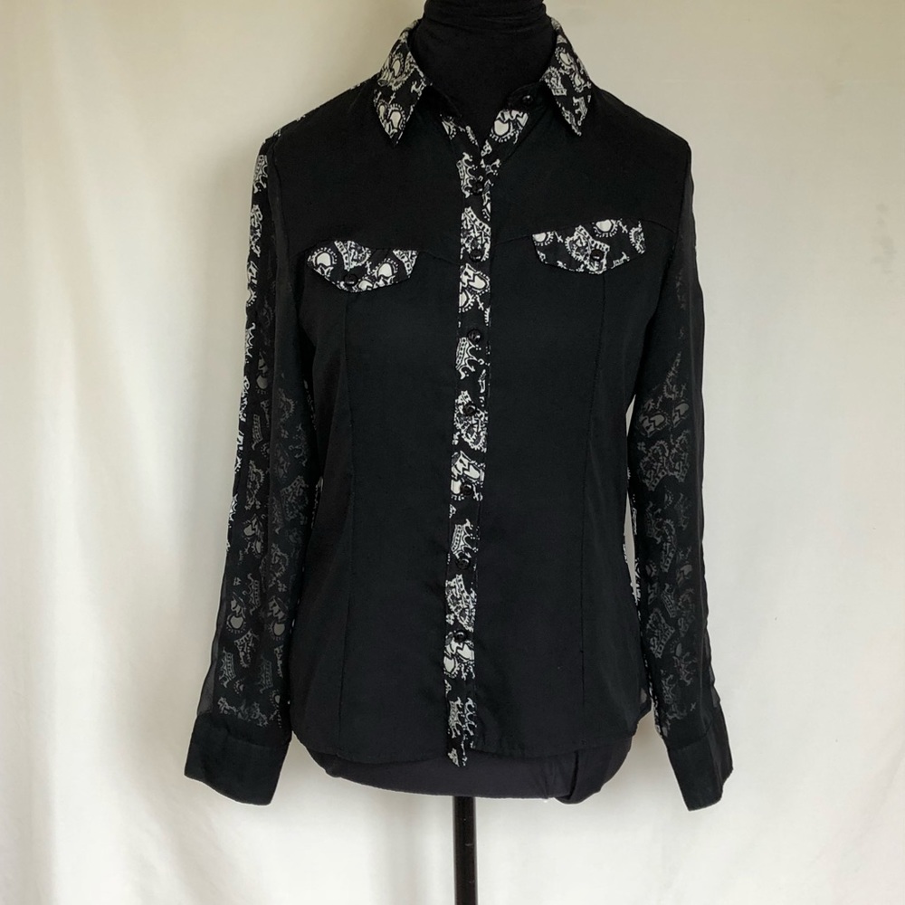 Womens sheer front top. Black with white crowns